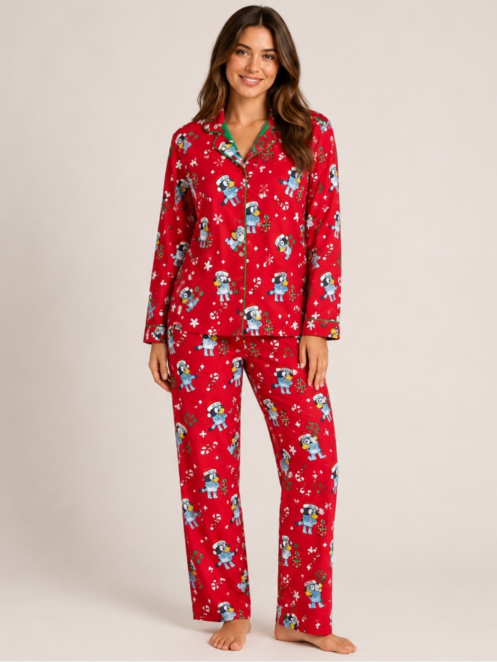 Women’s BLUEY Christmas Flannel Pajama Set/Bright Red/Gifts & Candy Canes